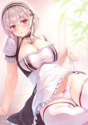 Rule 34 | 1girl, absurdres, arm support, azur lane, black choker, breasts, choker, cleavage, commentary request, hairband, highres, himamo, lace-trimmed choker, lace-trimmed hairband, lace trim, large breasts, looking at viewer, panties, pink panties, red eyes, short hair, silver hair, sirius (azur lane), sitting, solo, thighhighs, underwear, white hairband, white thighhighs