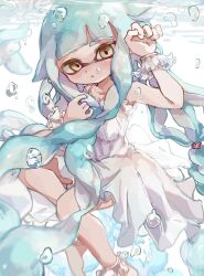 Rule 34 | 1girl, :o, blue hair, bubble, dress, frilled dress, frilled wristband, frills, highres, inkling, inkling girl, inkling player character, long hair, looking at viewer, low-tied long hair, nintendo, open mouth, parted lips, solo, splatoon (series), tentacle hair, thick eyebrows, underwater, very long hair, white dress, yellow eyes, yksb inc6