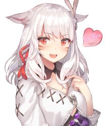 Rule 34 | 10s, 1girl, animal ears, blush, cat ears, detached collar, facial mark, fang, final fantasy, final fantasy xiv, hair ornament, long hair, looking at viewer, miqo&#039;te, momoko (momopoco), open mouth, red eyes, ribbon, silver hair, slit pupils, smile, solo, warrior of light (ff14)