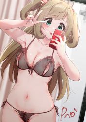 Rule 34 | 1girl, :p, arm up, armpits, blush, bra, breasts, cellphone, cleavage, collarbone, cupless bra, curtains, female pubic hair, fingernails, groin, highres, holding, holding phone, idolmaster, idolmaster cinderella girls, indoors, light brown hair, lingerie, long hair, looking at phone, medium breasts, mirror, nail polish, navel, panties, phone, pubic hair, reflection, sato shin, see-through, see-through bra, see-through panties, selfie, side-tie panties, smile, solo, syamo piyo, tongue, tongue out, two side up, underwear, v, very long hair