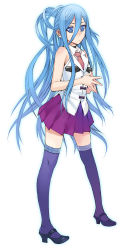 Rule 34 | 10s, 1girl, aoki hagane no arpeggio, bare shoulders, blue eyes, blue hair, blush, body blush, frown, full body, high heels, long hair, matching hair/eyes, miniskirt, nakatomi ryou, necktie, personification, pleated skirt, purple skirt, purple thighhighs, shoes, simple background, skirt, solo, source request, takao (aoki hagane no arpeggio), thighhighs, thighs, white background, zettai ryouiki