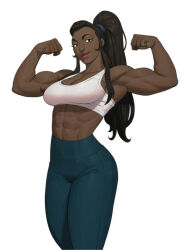 Rule 34 | 1girl, a&amp;a: adesina and armstrong, black hair, cowboy shot, dark-skinned female, dark skin, flexing, grey pants, high ponytail, highres, light smile, lipstick, long hair, looking at viewer, makeup, midriff, muscular, muscular female, nesskain, pants, sidelocks, simple background, solo, sonia adesina, tank top, white background, white tank top, yoga pants