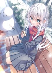 Rule 34 | black jacket, black skirt, black thighhighs, blue eyes, blush, breath, buttons, can, canned coffee, commentary request, drink can, highres, holding, holding can, jacket, light particles, long hair, looking at viewer, original, outdoors, pleated skirt, red scarf, scarf, school uniform, shiro youduki, skirt, snow, snowman, steam, straight hair, thighhighs, tree, very long hair, white hair, zettai ryouiki