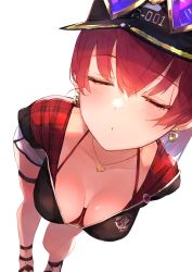 Rule 34 | 1girl, blush, breasts, breasts apart, cleavage, closed eyes, contrapposto, downblouse, dutch angle, earrings, eyewear on headwear, gold earrings, hair between eyes, halterneck, hat, heart, heart-shaped eyewear, highres, hololive, houshou marine, houshou marine (summer), imminent kiss, incoming kiss, jacket, jewelry, leaning forward, medium breasts, necklace, plaid, plaid jacket, puckered lips, red hair, solo, thighs, tomochi (tmc tmc8), virtual youtuber, white background