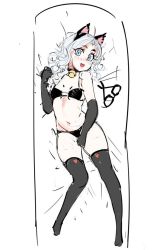 Rule 34 | animal ears, bell, blue eyes, blush, bra, breasts, cat ears, collar, curly hair, dakimakura (medium), flat chest, glasses, grabbing, gs16 (chug), hand on own thigh, head tilt, headband, heart, jourjii, lying, lingerie, long glove, looking at viewer, lying, medium hair, midriff, open mouth, original, panties, pillow, skindentation, small breasts, smile, thighhighs, thighs, tongue, underwear, white background, white hair