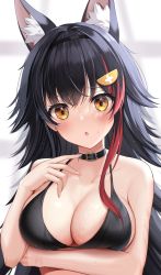 Rule 34 | 1girl, :o, absurdres, animal ear fluff, animal ears, bikini, black hair, blush, breasts, cleavage, hair between eyes, hair ornament, hairclip, highres, hololive, large breasts, long hair, looking at viewer, multicolored hair, ookami mio, open mouth, red hair, solo, streaked hair, swimsuit, utekiro, virtual youtuber, wolf ears, wolf girl, yellow eyes