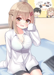 Rule 34 | 1boy, 1girl, :d, black shorts, blush, braid, brown eyes, brown hair, childhood friend (ominaeshi), collared shirt, comic, commentary request, dress shirt, hand up, highres, long sleeves, looking at viewer, ominaeshi (takenoko), on bed, open mouth, original, oversized clothes, oversized shirt, shirt, short hair, shorts, sitting, sleeves past fingers, sleeves past wrists, smile, white shirt