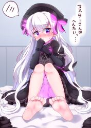 Rule 34 | 1girl, absurdres, barefoot, bed sheet, beret, black dress, black gloves, black hat, blush, bow, closed mouth, commentary request, doll joints, dress, elbow gloves, fate/extra, fate (series), frilled dress, frilled sleeves, frills, gloves, gothic lolita, hair between eyes, hair bow, hands up, hat, highres, indoors, joints, knees up, lolita fashion, long hair, looking at viewer, nose blush, nursery rhyme (fate), puffy short sleeves, puffy sleeves, purple eyes, short sleeves, soles, solo, spoken blush, sweat, translation request, very long hair, white hair, yuya090602