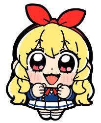 1girl :3 aikatsu! aikatsu!_(series) bkub blonde_hair blue_jacket blush bow chibi clenched_hands full_body hair_bow hairband hoshimiya_ichigo jacket long_hair looking_at_viewer open_mouth pink_eyes pleated_skirt red_bow red_hairband sidelocks simple_background skirt smile solo very_long_hair white_background white_skirt