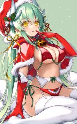 Rule 34 | 1girl, alternate costume, breasts, capelet, christmas, dragon girl, dragon horns, elbow gloves, fate/grand order, fate (series), fur-trimmed capelet, fur-trimmed gloves, fur-trimmed headwear, fur trim, garter belt, gloves, highres, horns, kiyohime (fate), large breasts, long hair, morizono shiki, multiple horns, red capelet, red gloves, red headwear, sitting, solo, thighhighs, wariza, white thighhighs