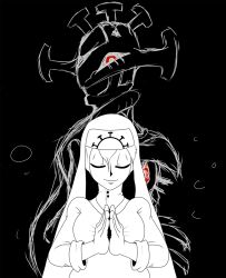Rule 34 | animated, animated gif, body horror, closed eyes, crown, double (skullgirls), exposed heart, habit, looking at viewer, monster, nexter45, nun, own hands together, red eyes, skullgirls, smiley face, traditional nun, upper body