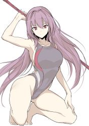 Rule 34 | 1girl, arm up, bare legs, breasts, commentary, competition swimsuit, fate/grand order, fate (series), female focus, full body, halcon, hand on own knee, holding, holding weapon, large breasts, long hair, looking at viewer, one-piece swimsuit, purple eyes, purple hair, scathach (fate), simple background, sketch, smile, solo, squatting, swimsuit, very long hair, weapon, white background