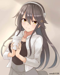 Rule 34 | 1girl, black hair, black shirt, blouse, blush, breasts, brown eyes, gensoukitan, gradient background, grey skirt, hair between eyes, hair ornament, hairband, hairclip, haruna (kancolle), highres, jacket, jewelry, kantai collection, large breasts, long hair, looking at viewer, one-hour drawing challenge, ring, shirt, skirt, smile, solo, wedding band, white jacket