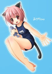 Rule 34 | 1girl, animal ear fluff, animal ears, barefoot, blue background, cat ears, cat tail, feet, fish, name tag, one-piece swimsuit, original, pink hair, plantar flexion, red eyes, school swimsuit, shibacha, short hair, solo, swimsuit, tail