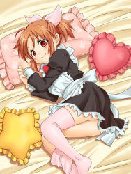 Rule 34 | 10s, 1girl, abe nana, bed, blush, brown hair, frilled pillow, frills, hair ribbon, idolmaster, idolmaster cinderella girls, looking at viewer, lying, maid, no shoes, on bed, on side, pillow, pink thighhighs, ponytail, red eyes, ribbon, ruo (cruzada), smile, solo, thighhighs