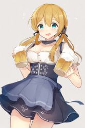 Rule 34 | 10s, 1girl, alcohol, apron, beer, beer mug, blonde hair, blue apron, breasts, cleavage, cup, dirndl, dress, female focus, flying sweatdrops, german clothes, hat, hiiragi souren, kantai collection, large breasts, long hair, mug, oktoberfest, prinz eugen (kancolle), smile, solo, twintails, waist apron