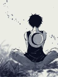 1boy back bad_id bad_twitter_id greyscale hat highres indian_style male_focus monkey_d._luffy monochrome moriy0722 on_grass one_piece short_hair shorts signature sitting sleeveless solo straw_hat