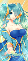 Rule 34 | 1girl, aqua hair, bare shoulders, blue eyes, breasts, character name, cleavage, hair over one eye, joypyonn, league of legends, long hair, solo, sona (league of legends), twintails