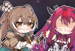 Rule 34 | 2girls, ahoge, black bow, black bowtie, black gloves, blush stickers, bow, bowtie, brown capelet, brown eyes, brown hair, capelet, chibi, closed mouth, commentary, english commentary, feather hair ornament, feathers, gloves, hair between eyes, hair ornament, highres, hololive, hololive english, irys (irys 2.0) (hololive), irys (hololive), kukie-nyan, long hair, multiple girls, nanashi mumei, nanashi mumei (1st costume), partially fingerless gloves, pointy ears, pushing, red hair, shaded face, sidelocks, smile, upper body, virtual youtuber