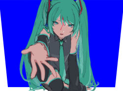 Rule 34 | 1girl, aqua eyes, aqua hair, aqua necktie, arm support, bare shoulders, black shirt, black skirt, black thighhighs, bleeding, blood, blood on face, blue background, blurry, blurry foreground, border, commentary request, depth of field, detached sleeves, hair ornament, half-closed eyes, hatsune miku, highres, kneeling, long hair, looking at viewer, msb (a47630968), necktie, open mouth, outside border, outstretched hand, pleated skirt, sanpaku, shirt, skirt, sleeveless, sleeveless shirt, solo, thighhighs, twintails, very long hair, vocaloid, white border, wide sleeves, zettai ryouiki