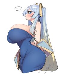 Rule 34 | ..., 1girl, absurdres, animification, blonde hair, blue dress, blue eyes, blue hair, blush, breasts, dress, from side, gradient hair, highres, holding own arm, huge breasts, impossible clothes, impossible dress, league of legends, light blue hair, long hair, multicolored hair, off shoulder, sketch, solo, sona (league of legends), spoken ellipsis, very long hair, yabby