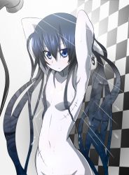 Rule 34 | 10s, 1girl, absurdres, armpits, arms behind back, arms up, black hair, black rock shooter, black rock shooter (character), blue eyes, blush, highres, long hair, maokyu, nude, pale skin, scar, showering, solo, wet