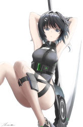 Rule 34 | 1girl, :o, absurdres, arknights, arms behind head, arms up, bare arms, bare legs, bare shoulders, belt, belt pouch, black belt, black eyes, black footwear, black hair, black shirt, black shorts, breasts, commentary request, eyebrows hidden by hair, feet out of frame, hair ornament, hairclip, highres, holding, holding polearm, holding scythe, holding weapon, knees together feet apart, la pluma (arknights), looking at viewer, medium breasts, medium hair, parted lips, partial commentary, polearm, pouch, scythe, shirata98, shirt, shoes, short shorts, shorts, shoulder strap, side slit, sidelocks, signature, simple background, sneakers, solo, thigh strap, weapon, weapon behind back, white background