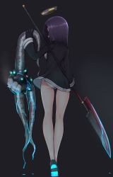 Rule 34 | 1girl, abyssal ship, black background, black dress, black gloves, breasts, commentary request, dress, enemy naval mine (kancolle), from behind, glaive (polearm), gloves, glowing, glowing blood, halo, highres, holding, holding weapon, kantai collection, legs, long sleeves, mechanical halo, medium hair, panties, pantyshot, polearm, purple hair, short dress, simple background, solo, tatsuta (kancolle), teeth, tentacles, tiemu (man190), underwear, walking, weapon, white panties