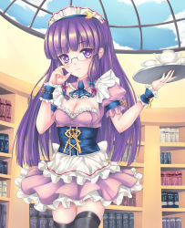 Rule 34 | 1girl, alternate costume, bespectacled, black thighhighs, blush, book, bookshelf, bow, breasts, cleavage, crescent, cup, dress, enmaided, female focus, fred0092, glasses, hair bow, highres, long hair, maid, maid headdress, patchouli knowledge, purple eyes, purple hair, solo, teacup, thighhighs, touhou, tray