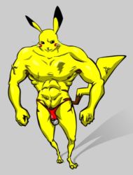 Rule 34 | animal ears, armpit hair, chest tattoo, colored skin, creatures (company), electricity, full body, furry, furry male, game freak, gen 1 pokemon, grey background, male focus, manly, muscular, nintendo, no pants, non-web source, pikachu, pikaman, poke ball, pokemon, pokemon (creature), simple background, solo, standing, tail, tattoo, topless male, yellow skin