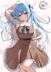 Rule 34 | 1girl, absurdres, ahoge, arm up, black ribbon, blue hair, blush, brown dress, collared shirt, colored tips, crossed bangs, dress, frilled dress, frills, hair ribbon, heart, heart ahoge, highres, hololive, jacket, jewelry, kag tsukimi, long hair, long sleeves, looking at viewer, lying, multicolored hair, necklace, off shoulder, on back, open clothes, open jacket, open mouth, plaid, plaid dress, pointy ears, ribbon, shirt, shirt under dress, sidelocks, sleeves past wrists, solo, streaked hair, virtual youtuber, white jacket, yellow eyes, yukihana lamy, yukihana lamy (casual), yukimin (yukihana lamy)