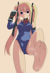 Rule 34 | 1girl, barefoot, blonde hair, blue eyes, blush, dead or alive, feet, foot focus, hair ribbon, leg lift, long hair, looking at viewer, marie rose, pov, ribbon, smile, soles, steam, toes, twintails