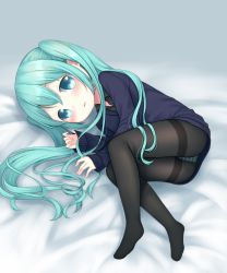 Rule 34 | 1girl, aged down, ass, blush, child, feet, female focus, full body, hatsune miku, highres, long hair, looking at viewer, lying, on side, panties, panties under pantyhose, pantyhose, solo, striped clothes, striped panties, underwear, very long hair, vocaloid, xenon (simlacurm)