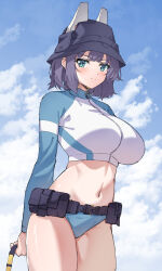 Rule 34 | 1girl, absurdres, arms behind back, bad id, bad pixiv id, belt, bikini, black hair, blue archive, blush, bodysuit, breasts, closed mouth, cloud, cloudy sky, cowboy shot, day, diving suit, hair between eyes, highres, large breasts, looking at viewer, midriff, mzrz, navel, saki (blue archive), saki (swimsuit) (blue archive), sky, solo, standing, stomach, swimsuit, thighs, wetsuit, zipper