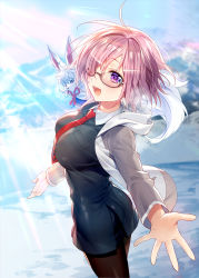 Rule 34 | 1girl, between breasts, blush, breast pocket, breasts, brown-framed eyewear, day, fate/grand order, fate (series), floating hair, fou (fate), from side, glasses, hair over one eye, highres, hood, hoodie, large breasts, light rays, looking at viewer, looking back, mash kyrielight, murakami yuichi, necktie, necktie between breasts, on shoulder, open mouth, outdoors, outstretched arm, outstretched hand, pantyhose, pocket, purple eyes, purple hair, red necktie, semi-rimless eyewear, short hair, smile, solo, standing