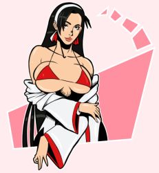 Rule 34 | 1girl, black hair, bra, breasts, forehead, hair ornament, japanese clothes, kagura chizuru, large breasts, long hair, open clothes, open shirt, pululito, shiny clothes, snk, solo, the king of fighters, thick lips, underwear, very long hair
