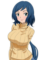 Rule 34 | 10s, 1girl, blue hair, breasts, green eyes, gundam, gundam build fighters, iori rinko, large breasts, lips, long hair, mature female, nukosann, ribbed sweater, simple background, smile, solo, sweater, turtleneck, white background
