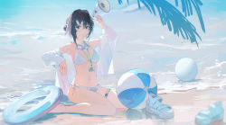 Rule 34 | 1girl, absurdres, arknights, ball, bare shoulders, beach, beachball, bikini, black hair, blurry, breasts, depth of field, female focus, full body, goggles, goggles around neck, highres, holding, holding megaphone, id card, la pluma (arknights), la pluma (summer flowers) (arknights), long sleeves, looking at viewer, medium breasts, megaphone, multicolored hair, navel, off shoulder, official alternate costume, open clothes, outdoors, sand, see-through, shirt, short hair, side-tie bikini bottom, sitting, solo, stomach, swimsuit, thigh strap, thighs, wariza, water, wet, white bikini, white shirt, zzz zhi he