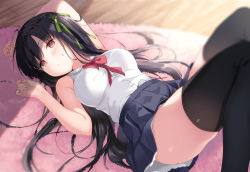 Rule 34 | 1girl, arm up, bare arms, bare shoulders, black hair, black skirt, black thighhighs, blurry, blurry background, blush, bow, bowtie, breasts, closed mouth, collared shirt, commentary request, depth of field, green ribbon, hair ribbon, hand up, highres, knees up, kurasawa moko, long hair, looking at viewer, lying, medium breasts, on back, one side up, original, pleated skirt, red bow, red bowtie, red eyes, ribbon, shirt, skirt, sleeveless, sleeveless shirt, solo, sweat, thighhighs, very long hair, white shirt, wooden floor