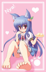 Rule 34 | 1girl, animal ears, bad id, bad pixiv id, barefoot, blue hair, blush, bow, cat ears, cat girl, feet, female focus, food, fruit, heart, highres, hinanawi tenshi, leaf, long hair, panties, peach, red eyes, short sleeves, simple background, sitting, smile, solo, striped clothes, striped panties, syrup, takatsuki satoshi, toe scrunch, toes, tongue, touhou, underwear, very long hair
