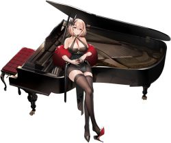 Rule 34 | 1girl, artist request, azur lane, black footwear, blonde hair, bracelet, breasts, brown eyes, cleavage, cup, dress, drinking glass, feather boa, grand piano, hair between eyes, hair ornament, halter dress, halterneck, high heels, highres, holding, holding cup, instrument, jewelry, large breasts, looking at viewer, medium hair, multicolored hair, multiple rings, official alternate costume, official art, parted lips, piano, pumps, red hair, ring, roon (azur lane), roon (viridescent lullaby) (azur lane), shoe dangle, shoes, short dress, sitting, solo, stiletto heels, streaked hair, thighhighs, tight clothes, tight dress, transparent background, two-tone hair, wine glass