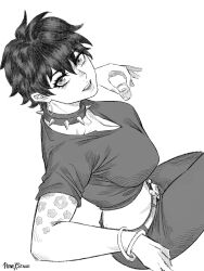 Rule 34 | 1girl, artist name, black hair, black pants, bracelet, collar, commentary, cup, doll (one piece), earrings, english commentary, greyscale, highres, holding, holding cup, honexstage, hoop earrings, jewelry, looking at viewer, monochrome, multiple bracelets, one piece, open mouth, pants, short hair, short sleeves, simple background, smile, solo, spiked collar, spikes, white background