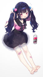 Rule 34 | 1girl, absurdres, aged down, alternate costume, alternate hairstyle, bandaid, bandaid on knee, bandaid on leg, barefoot, black bow, black choker, black skirt, blue hair, blush, bow, buttons, can, child, chinese commentary, choker, collarbone, commentary request, dark blue hair, eyelashes, feet, flying sweatdrops, frilled shirt collar, frills, genshin impact, heart button, highres, long hair, looking at viewer, luelue zi, multicolored nails, nail art, nail polish, open mouth, pink shirt, pom pom (clothes), red eyes, shirt, short sleeves, simple background, sitting, skirt, solo, toes, two side up, white background, yun jin (genshin impact)