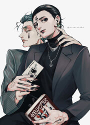 Rule 34 | 2boys, artist name, black eyes, black hair, black nails, black suit, blood, blood on face, blue hair, blue suit, book, card, chrollo lucilfer, cross, cross necklace, cross tattoo, earrings, expressionless, facepaint, facial mark, facial tattoo, forehead mark, forehead tattoo, formal, hair slicked back, highres, hisoka morow, holding, holding book, hunter x hunter, inverted cross, jewelry, joker (playing card), long sleeves, looking at viewer, looking to the side, male focus, multiple boys, nail polish, necklace, nen (hunter x hunter), playing card, profile, red nails, short hair, simple background, striped suit, suit, tattoo, teardrop facial mark, teardrop tattoo, white background, wosara, yellow eyes
