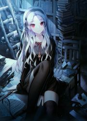 Rule 34 | 1girl, absurdres, black dress, black thighhighs, book, book stack, cross, cross necklace, dress, hair ornament, hairband, highres, jewelry, knee up, long hair, long sleeves, looking at viewer, necklace, original, pendant, ribbon, sitting, solo, thighhighs, wand, white hair, yuyo (i iuyo)