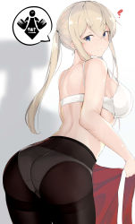 Rule 34 | 1boy, 1girl, absurdres, ass, blonde hair, bra, commentary request, cowboy shot, from behind, graf zeppelin (kancolle), grey eyes, hair between eyes, highres, kantai collection, looking at viewer, looking back, maruyaa (malya1006), panties, panties under pantyhose, pantyhose, shadow, sidelocks, speech bubble, symbol, t-head admiral, tsurime, twintails, underwear, white background, white bra, white panties