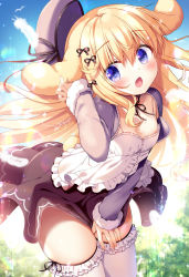 Rule 34 | 1girl, :o, animal ears, beret, black ribbon, blonde hair, blue eyes, blush, breasts, brown skirt, camisole, collarbone, commentary request, covering crotch, covering privates, day, feathers, frilled thighhighs, frills, fur-trimmed sleeves, fur trim, grey hat, grey jacket, hair between eyes, hair ribbon, hand up, hat, hat ribbon, highres, jacket, long hair, long sleeves, neck ribbon, open mouth, original, outdoors, pleated skirt, rabbit ears, rabbit girl, rabbit tail, ribbon, sasai saji, signature, skirt, sleeves past wrists, small breasts, solo, tail, thighhighs, very long hair, white camisole, white feathers, white thighhighs