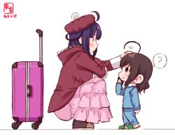 Rule 34 | 2girls, :3, ?, aged down, ahoge, alternate costume, artist logo, brown hair, commentary request, dated, hand on another&#039;s head, hat, headpat, highres, hood, hood down, hooded jacket, jacket, kanon (kurogane knights), kantai collection, long hair, luggage, multiple girls, purple hair, rolling suitcase, ryuuhou (kancolle), shigure (kancolle), simple background, slippers, smile, speech bubble, spoken question mark, squatting, suitcase, taigei (kancolle), white background