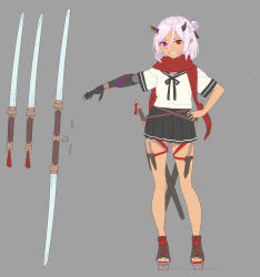 Rule 34 | 1girl, arrow (symbol), black ribbon, black sailor collar, black skirt, blade horns, braid, contrapposto, dagger, double-blade, enkyo yuuichirou, french braid, geta, grey background, hair between eyes, hand on own hip, heterochromia, highres, horns, knife, looking at viewer, mechanical arms, neck ribbon, original, outstretched arms, pink hair, pleated skirt, pointy ears, purple eyes, red eyes, red scarf, ribbon, sailor collar, sandals, scabbard, scarf, school uniform, serafuku, sharp teeth, sheath, shirt, short hair, short sleeves, simple background, single mechanical arm, skirt, solo, spread arms, standing, sword, teeth, weapon, white shirt