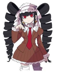 Rule 34 | 1girl, alternate costume, black hair, black nails, breasts, brown jacket, brown skirt, celestia ludenberg, claw ring, danganronpa: trigger happy havoc, danganronpa (series), drill hair, earrings, frills, furukawa (yomawari), gothic lolita, hand up, highres, jacket, jewelry, juliet sleeves, large breasts, lolita fashion, long hair, long sleeves, looking at viewer, nail polish, necktie, pleated skirt, puffy sleeves, red eyes, red necktie, simple background, skirt, smile, solo, thighhighs, twin drills, twintails, white background, white thighhighs